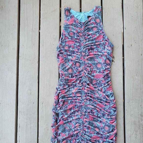 House of Harlow 1960 Bodycon Midi Dress Sleeveless Floral Pattern Ruched Pink XL - Picture 4 of 5